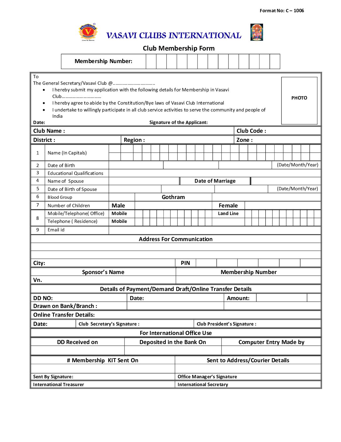 Club Membership Form Preview